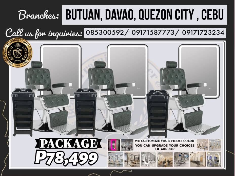 Package 12 modern salon station with grey reclining chairs and LED mirrors