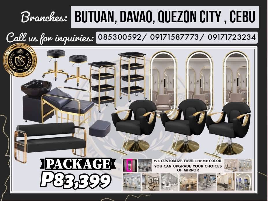 Package 15 full-service salon with black and gold chairs and arched LED mirrors