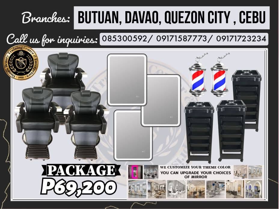 Package 17 barber station with reclining chairs, LED mirrors, trolleys and barber poles