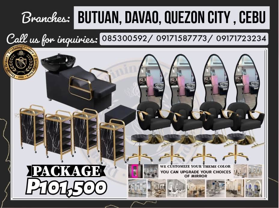 Package 7 hair and wash set with hydraulic chairs, mirrors and shampoo bed